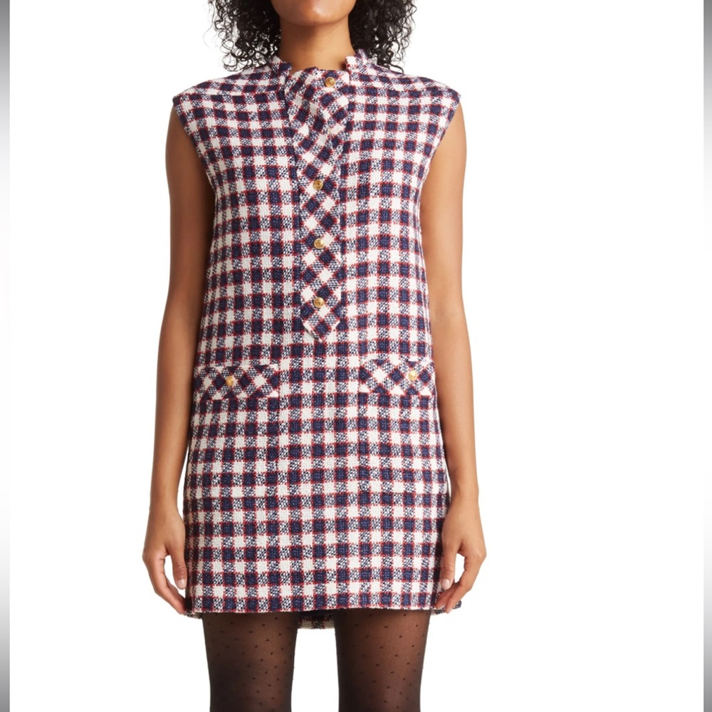 Gucci Sylvie Vichy Check Tweed Wool-Blend Mini Dress Size IT 42